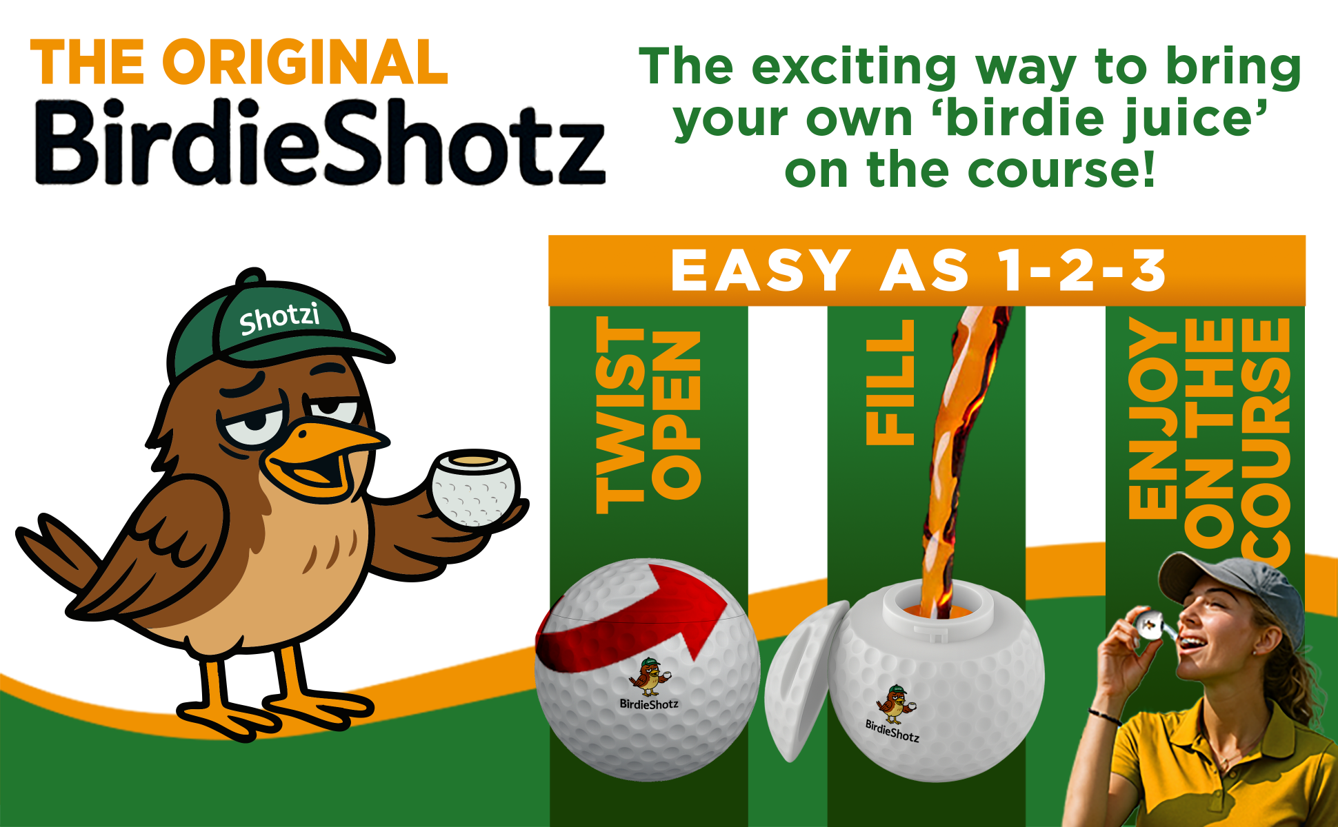Advertisement for BirdieShotz golf product with cartoon bird and text on a green and orange background